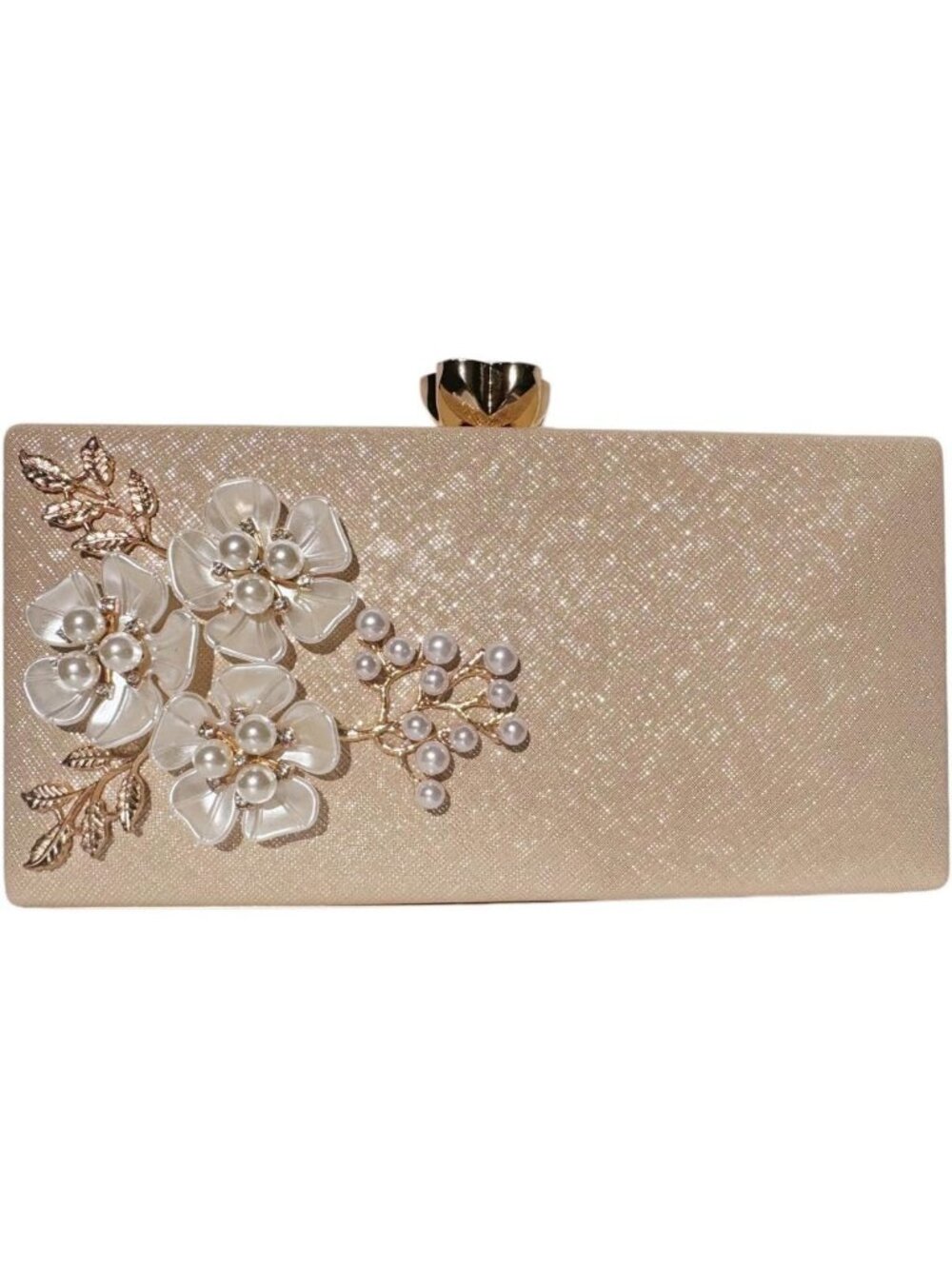 Women's Champagne Clutch Purse Flower Evening Clasp Imported Handbag for Party